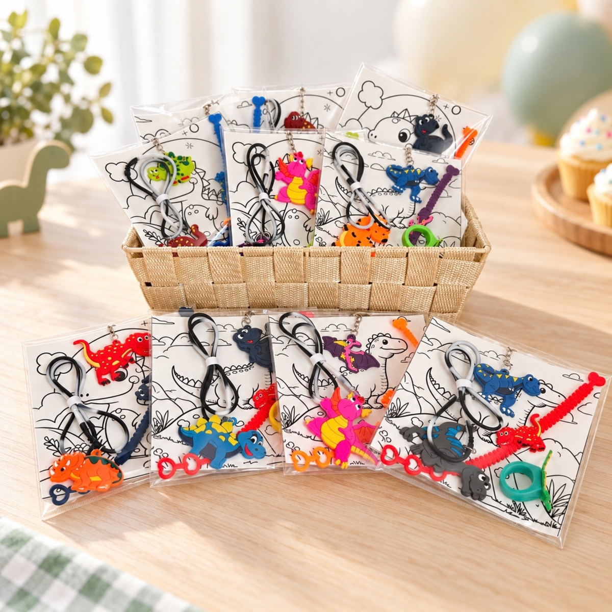 Ready-to-hand-out dinosaur party favors displayed in a decorative basket and on a wooden table, styled for a dinosaur-themed kids birthday celebration.