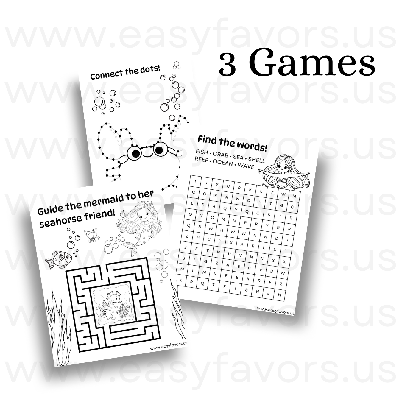 Mermaid Activity Printable Set - Coloring Pages & Games