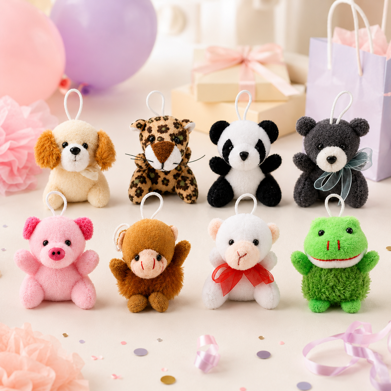 SET of 8 Mini Plush Animal Keychains – Assorted Party Favors, Backpack Charms & Goodie Bag Fillers