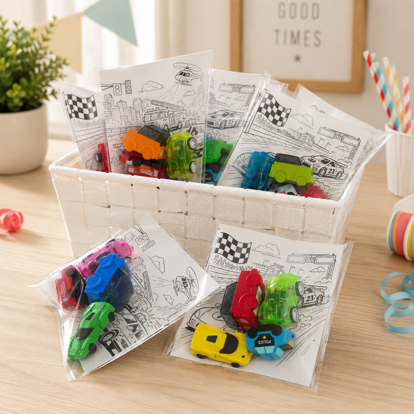 A white woven basket filled with small clear bags containing colorful toy cars, with a few bags placed in front on a light wood table. The scene is styled with party props including a potted plant, framed wall art, striped straws, and ribbon curls.