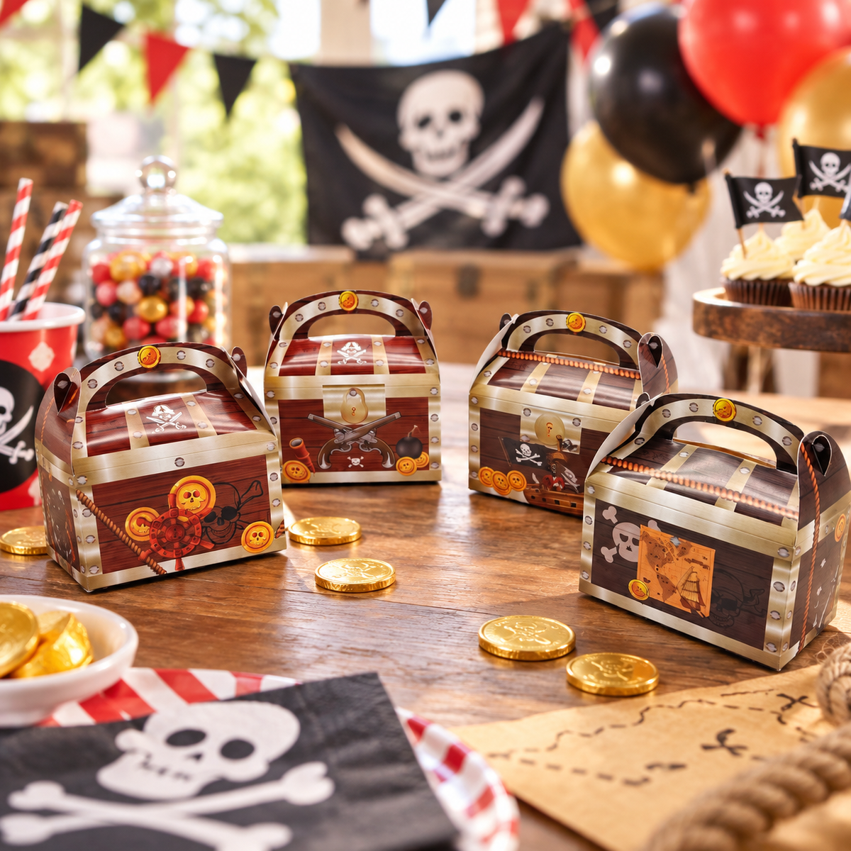 Pirate treasure chest favor boxes displayed on a decorated pirate birthday party table