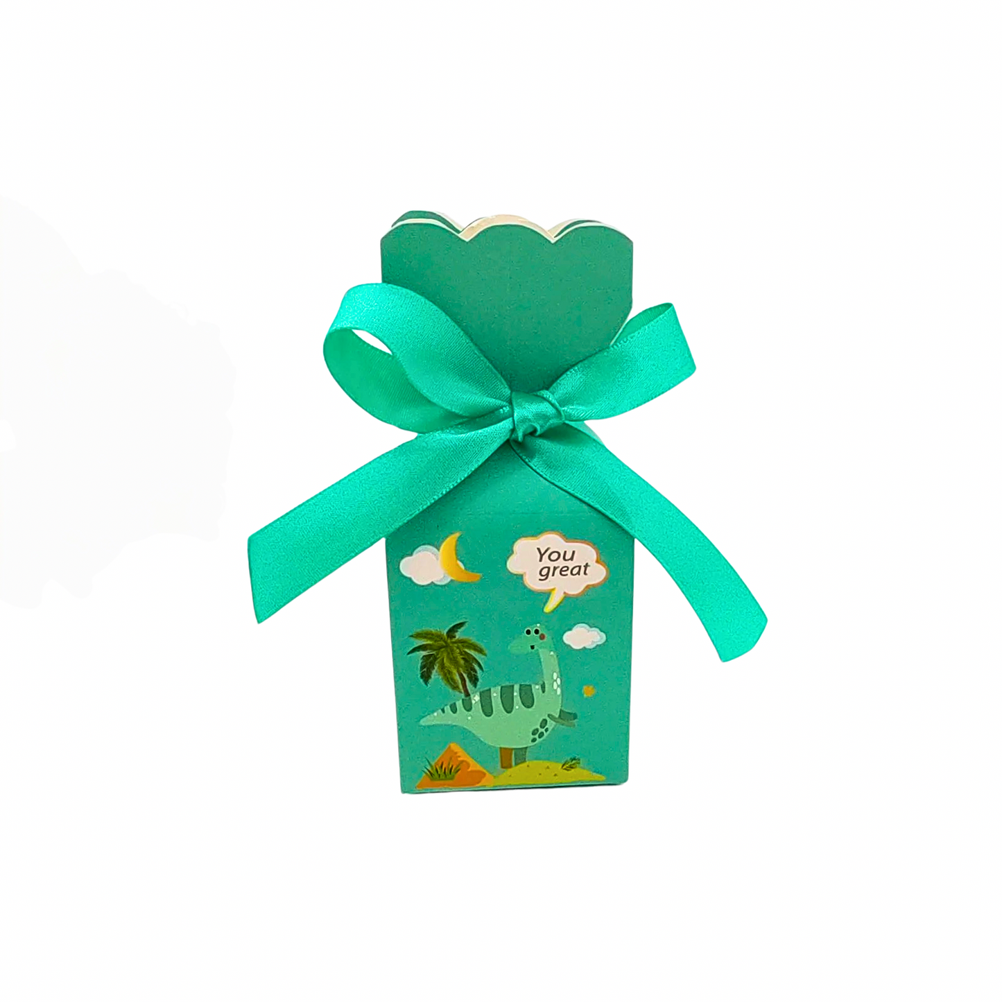 1 light green dinosaur- themed party favor box with ribbon bows on a white background