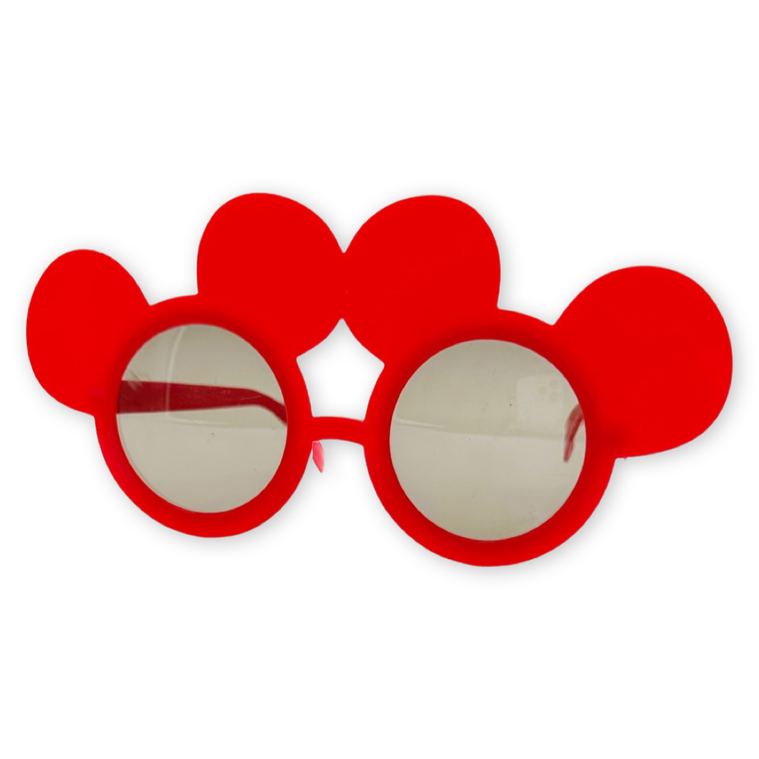 A pair Mickey Mouse-themed sunglasses in red color with black lenses and cartoonish designs.