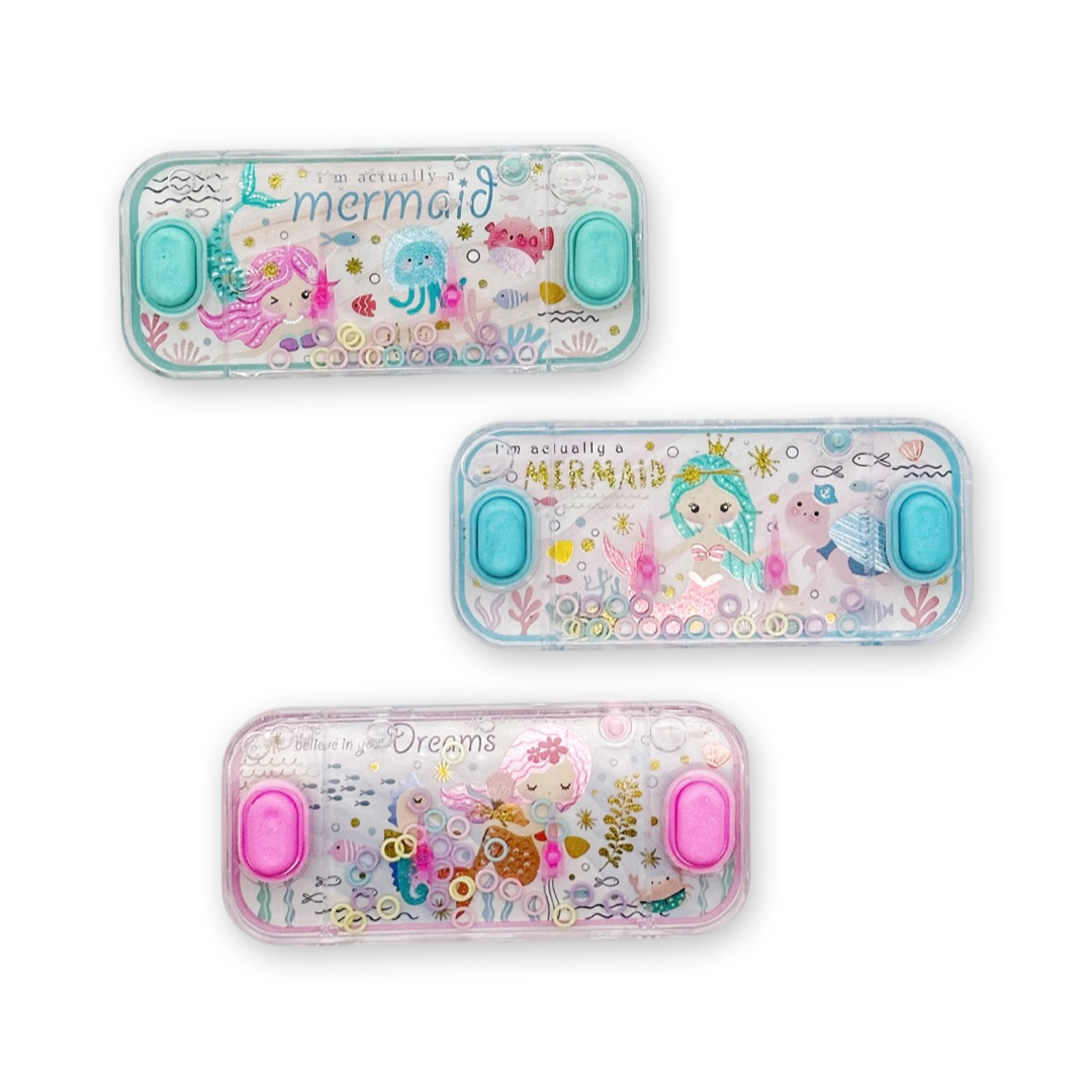 3 mermaid themed toys water ring toss featuring different colors and styles on a white background