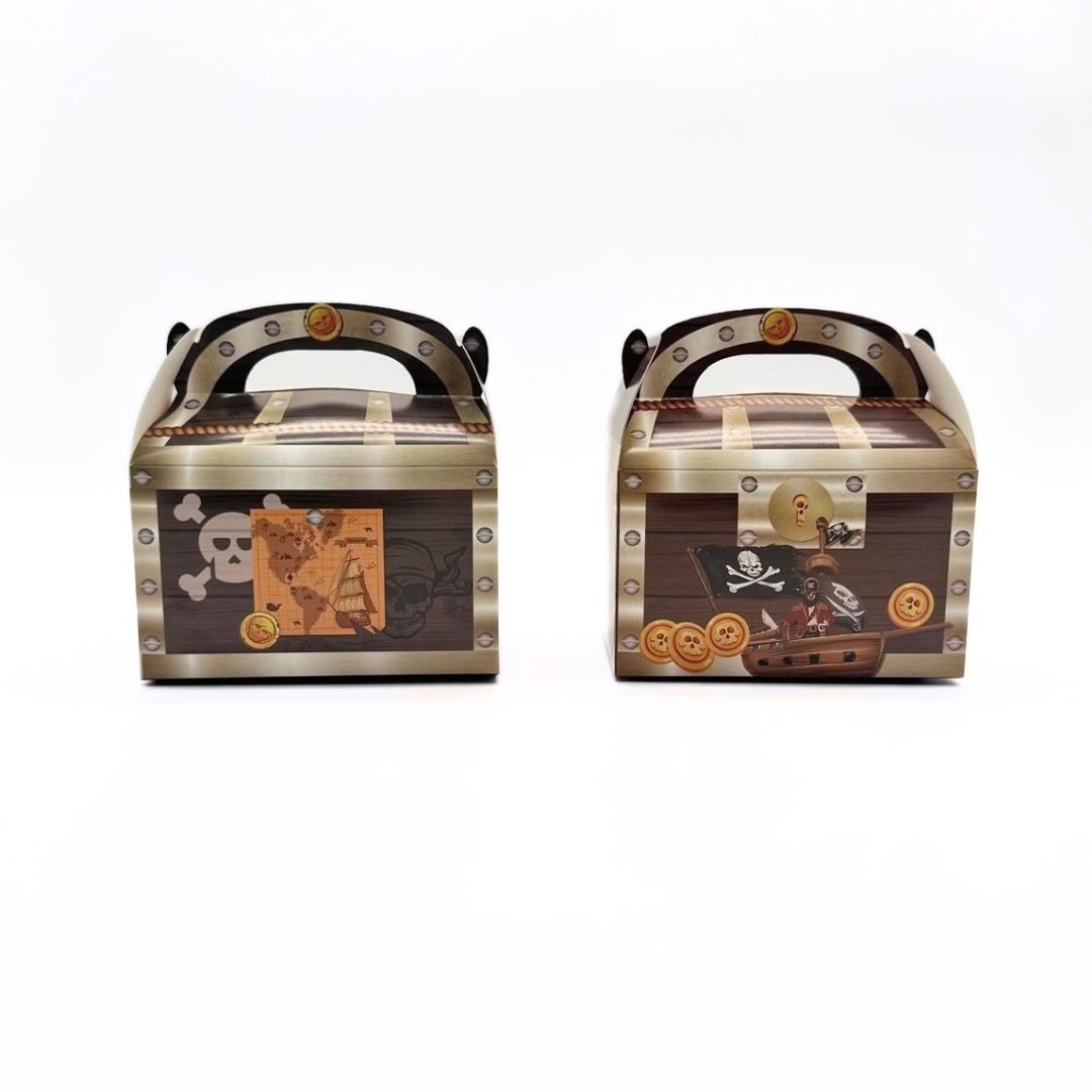 2 pirate treasure chest favor boxes showing two assorted designs on a white background
