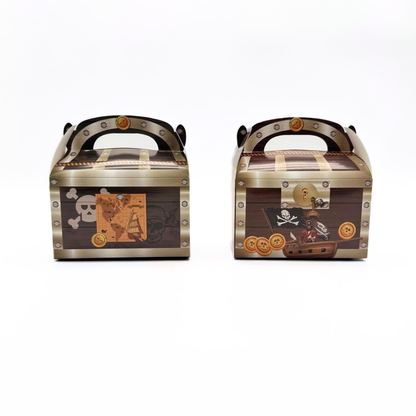 2 pirate treasure chest favor boxes showing two assorted designs on a white background