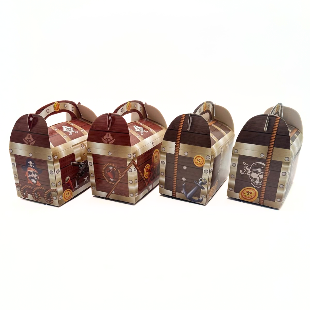 Pirate treasure chest favor boxes viewed at an angle to show the printed side details