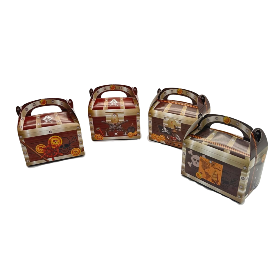 Four pirate treasure chest party favor boxes showing assorted designs on a white background