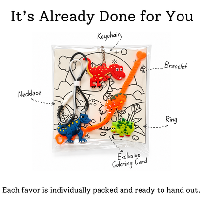 Dinosaur party favor contents infographic showing a silicone necklace, bracelet, ring, keychain and exclusive Easy Favors dinosaur coloring card in an individually packed favor.