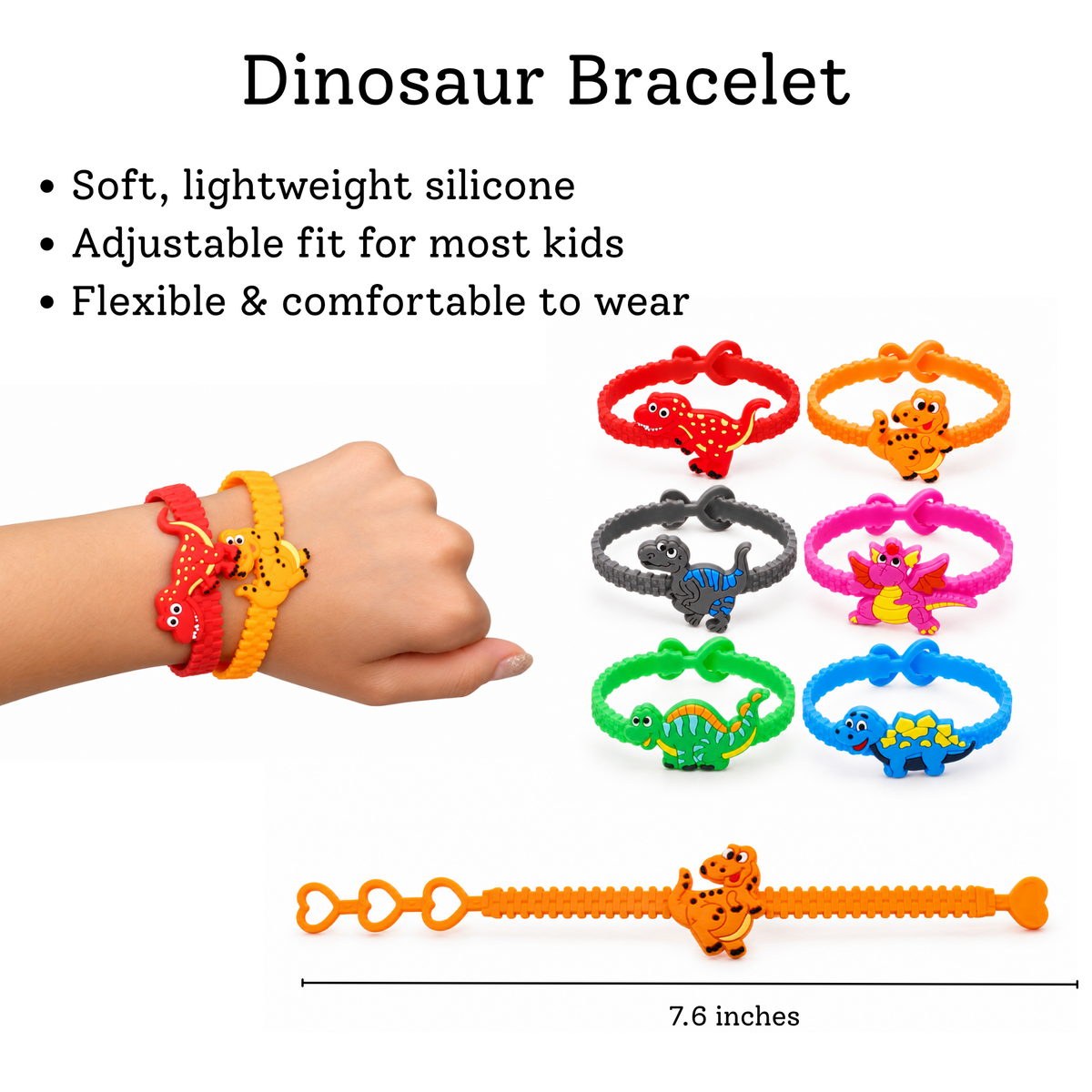 Colorful adjustable silicone dinosaur bracelets showing assorted designs, a bracelet worn on a hand and an extended bracelet measuring approximately 7.6 inches.