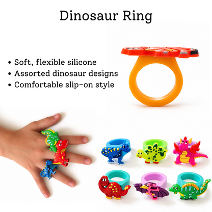 Soft silicone dinosaur rings in assorted colors and designs, with close-up views and a child's hand demonstrating how the rings are worn.