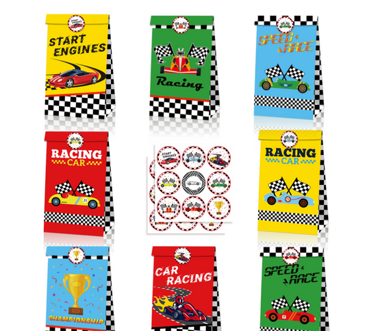 SET of 12 Racing car bag with sticker