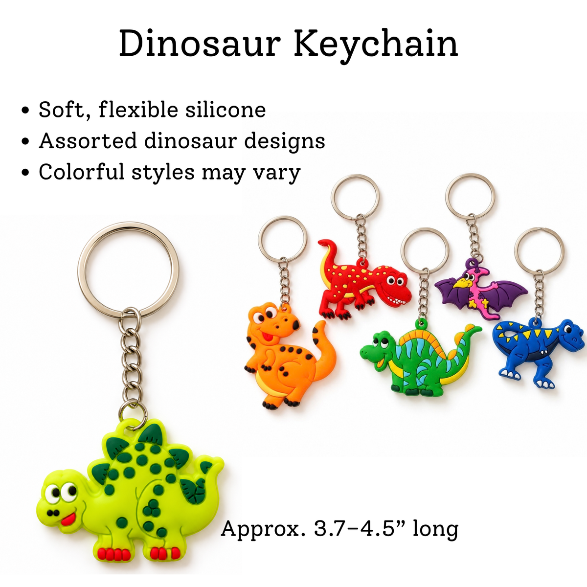 Colorful silicone dinosaur keychains in assorted designs, with close-up details and approximate lengths ranging from 3.7 to 4.5 inches.