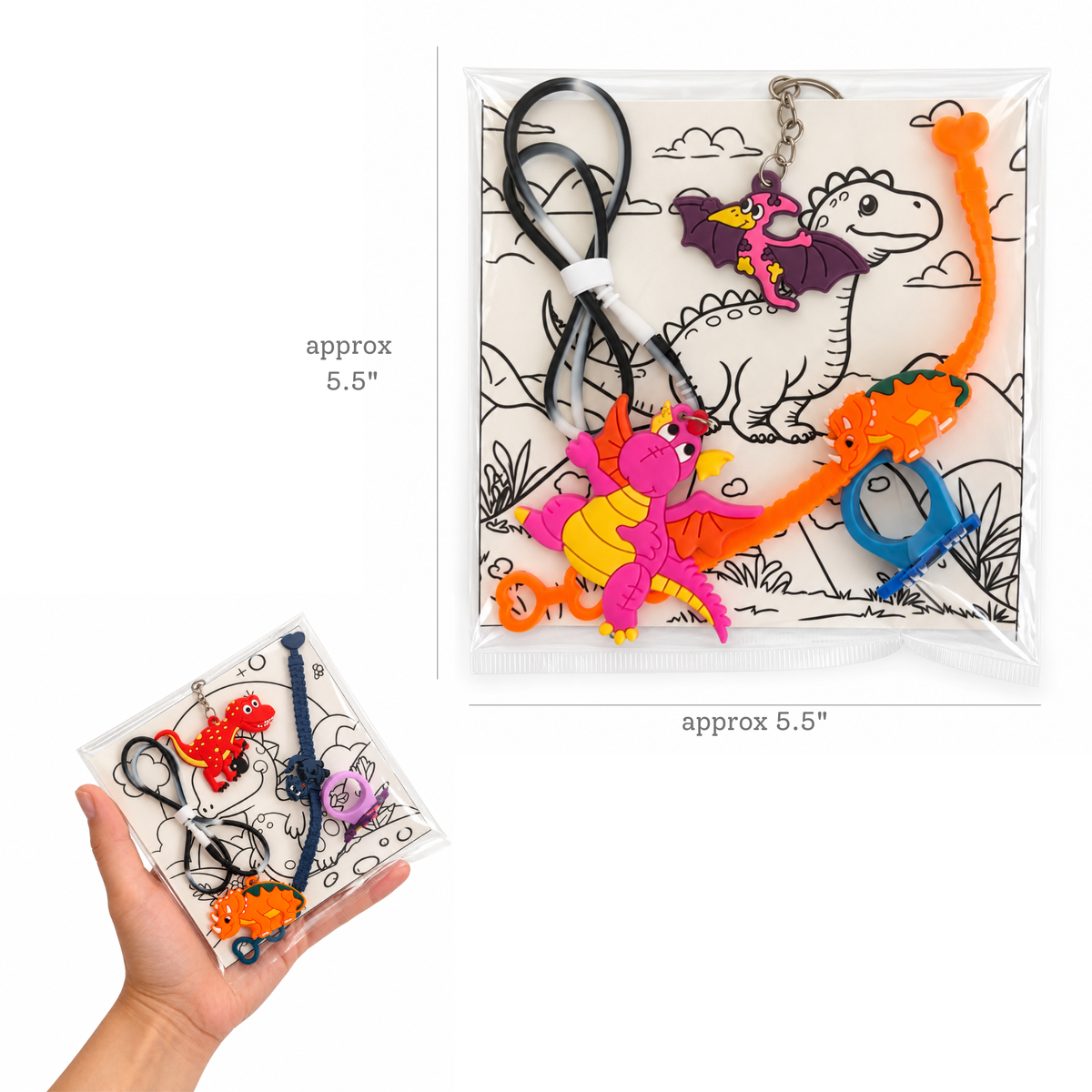 Dinosaur party favor in a clear plastic sleeve measuring approximately 5.5 by 5.5 inches, with a hand-held view showing its size.