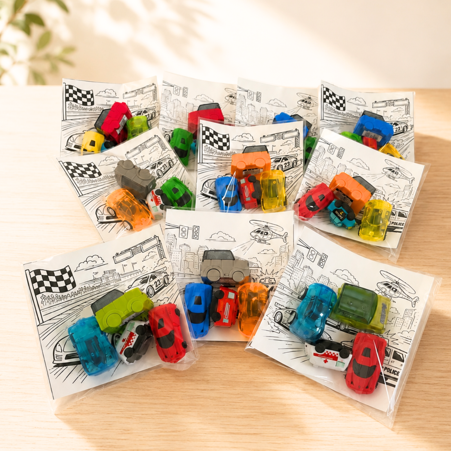 10 pre assembled party favors in clear bags with colorful stationery accessories shaped like vehicles on a wooden surface