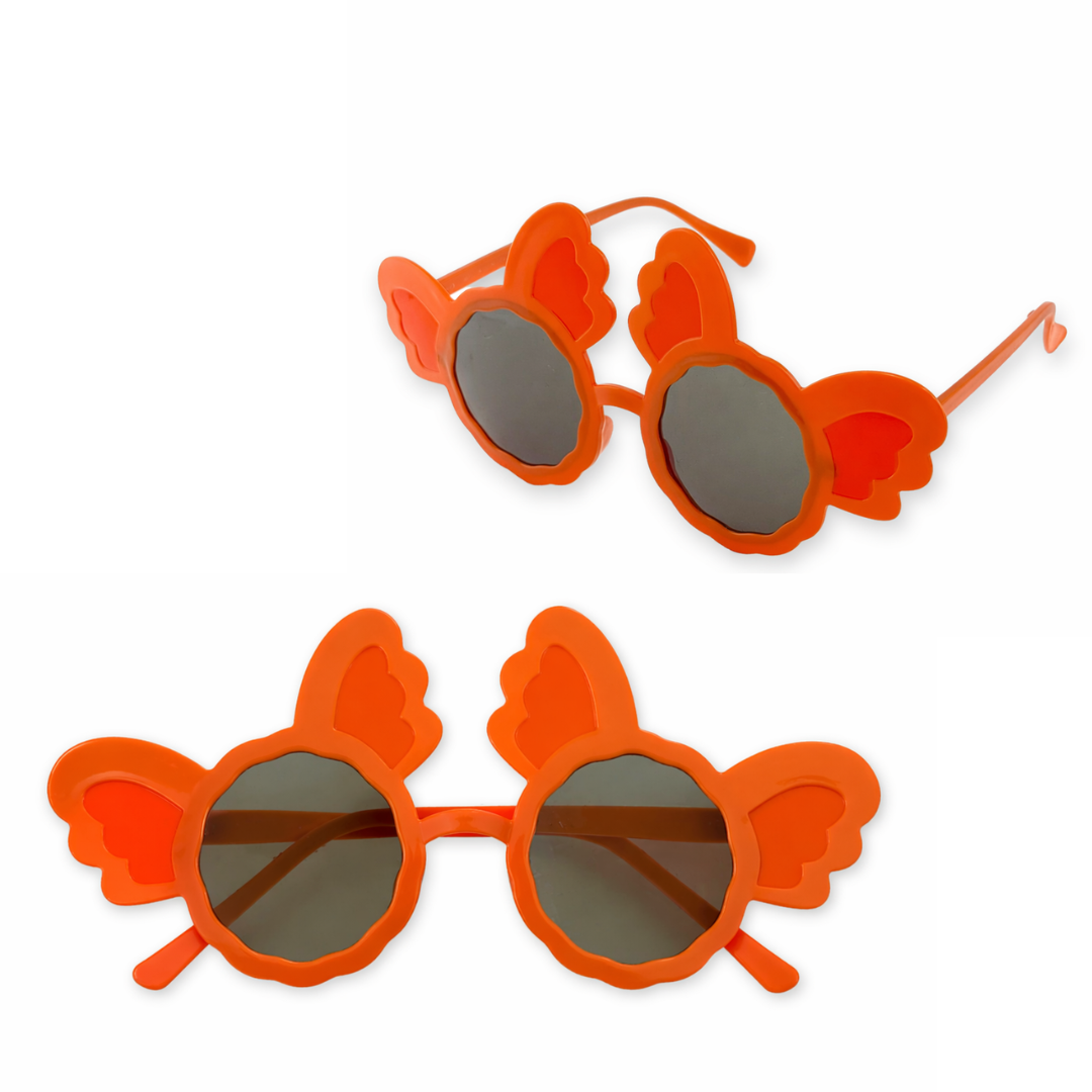 Orange butterfly sunglasses with dark lenses on a white background