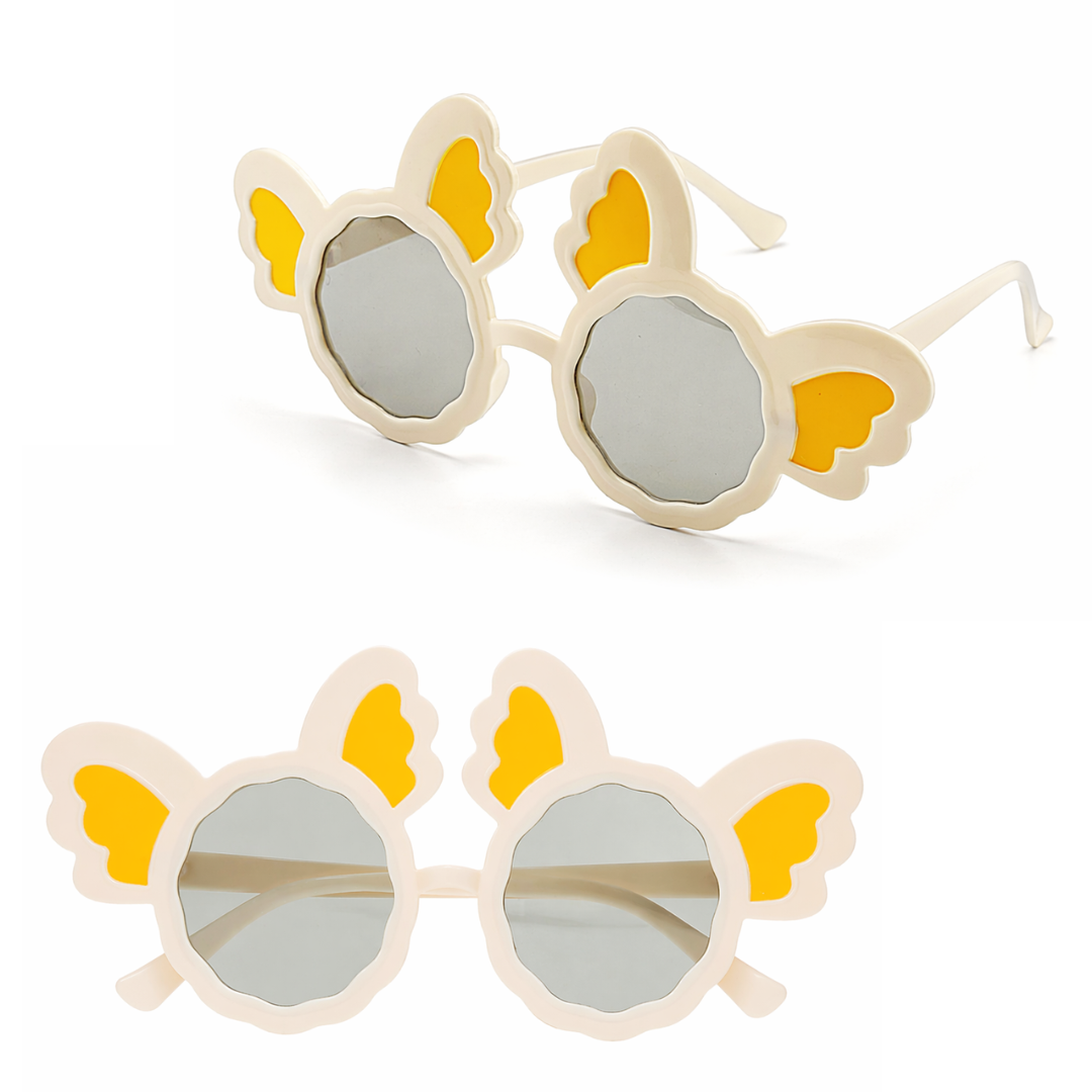 Butterfly-shaped sunglasses with yellow accents on a white background