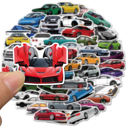 2 fingers holding A set of various car-themed vinyl stickers, featuring different designs of cars in vibrant colors.