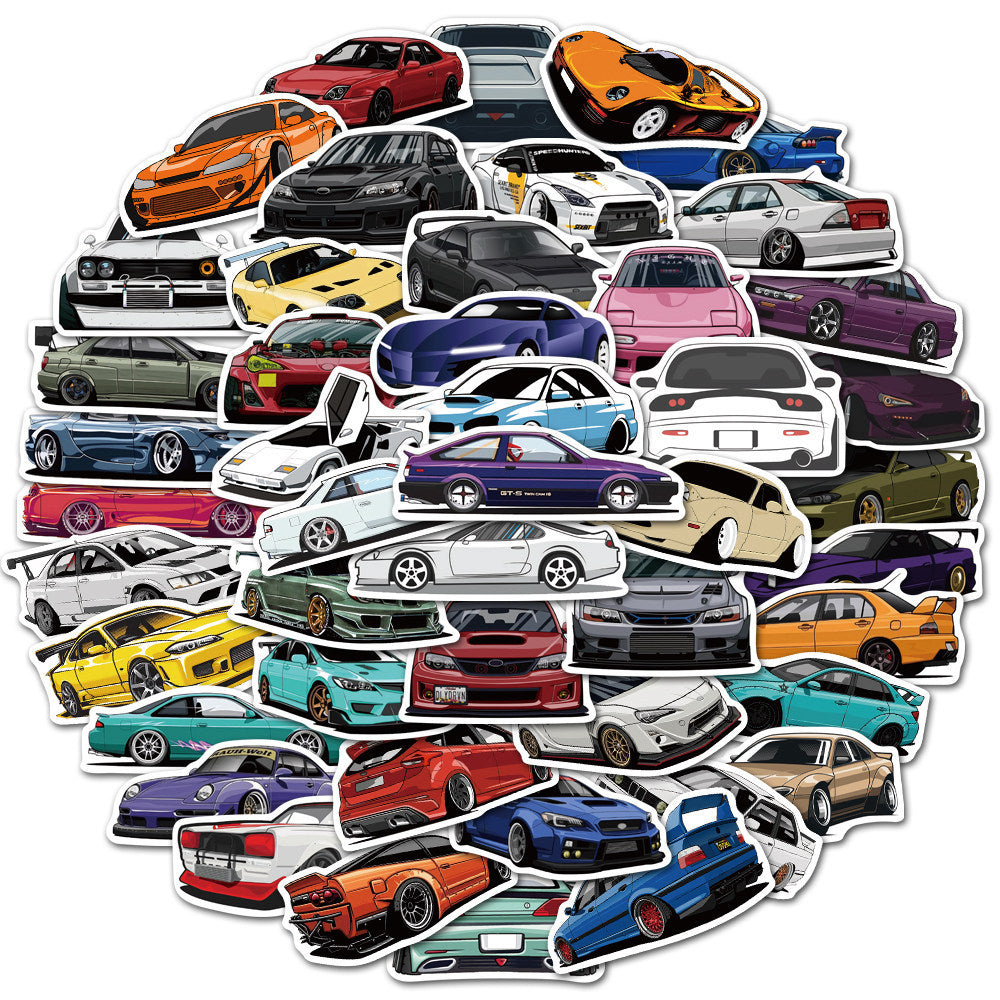 A set of various car-themed vinyl stickers, featuring different designs of cars in vibrant colors.