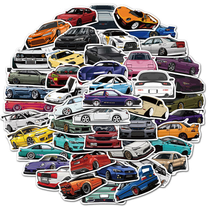 A set of various car-themed vinyl stickers, featuring different designs of cars in vibrant colors.