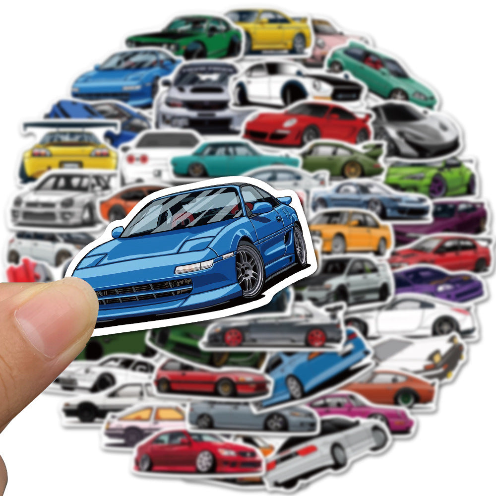 2 fingers holding A set of various car-themed vinyl stickers, featuring different designs of cars in vibrant colors.