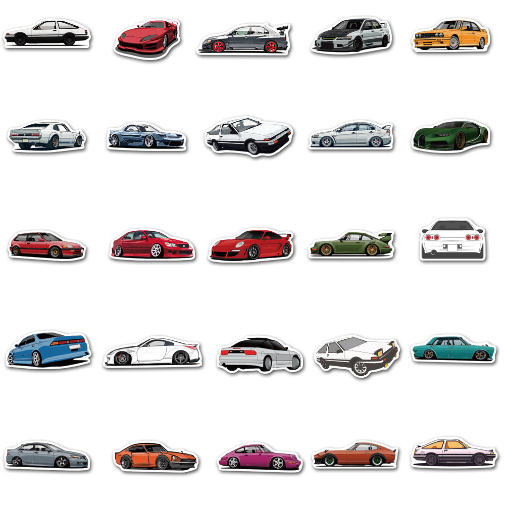 A set of various car-themed vinyl stickers, featuring different designs of cars in vibrant colors.