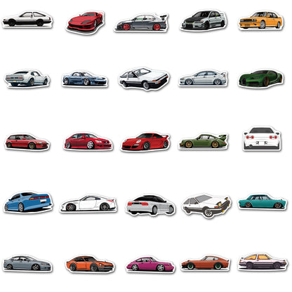 A set of various car-themed vinyl stickers, featuring different designs of cars in vibrant colors.