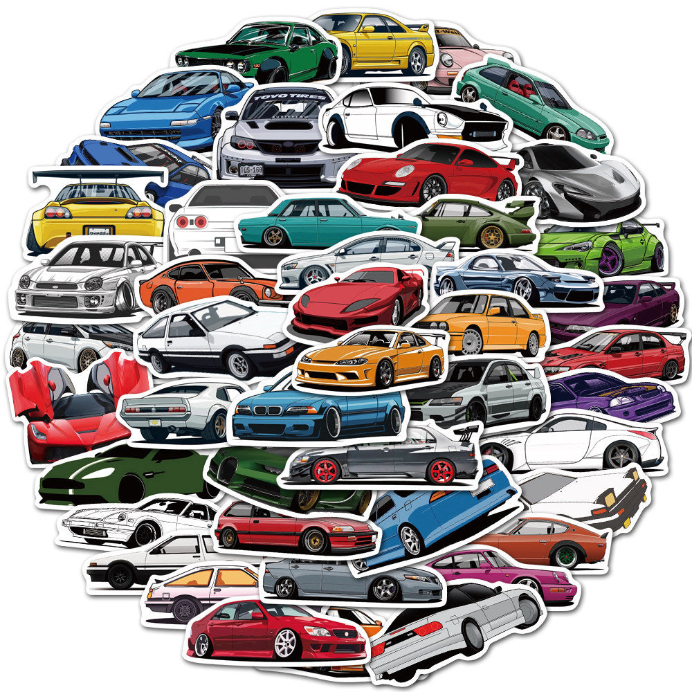  A set of various car-themed vinyl stickers, featuring different designs of cars in vibrant colors.