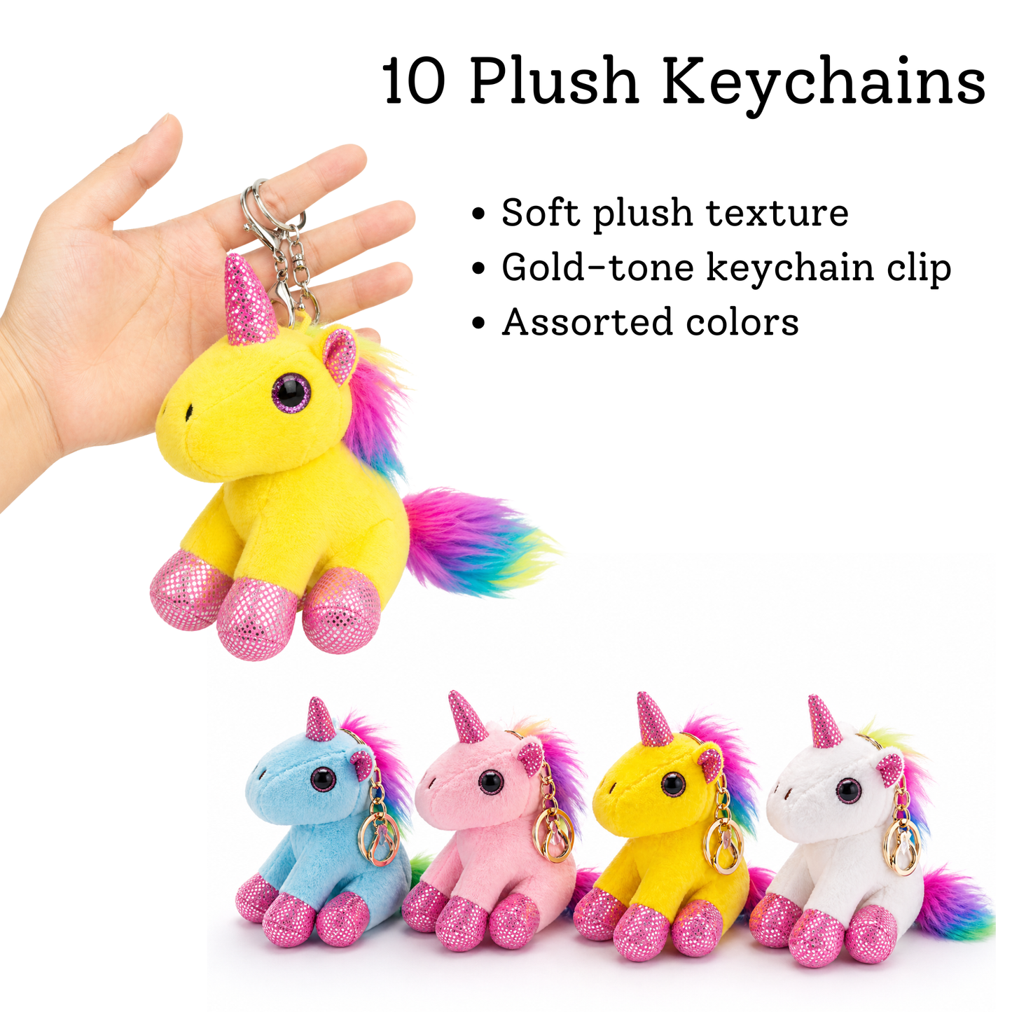 a shand holding a yellow plush unicorrn with different designs.