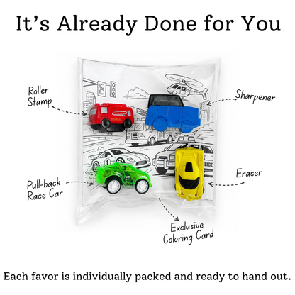 A clear plastic bag containing four small novelty items labeled with handwritten callouts: a red roller stamp, a blue sharpener, a green pull-back race car, and a yellow eraser, with a black-and-white sketch background and text reading 'It's Already Done for You' and 'Each favor is individually packed and ready to hand out.'.