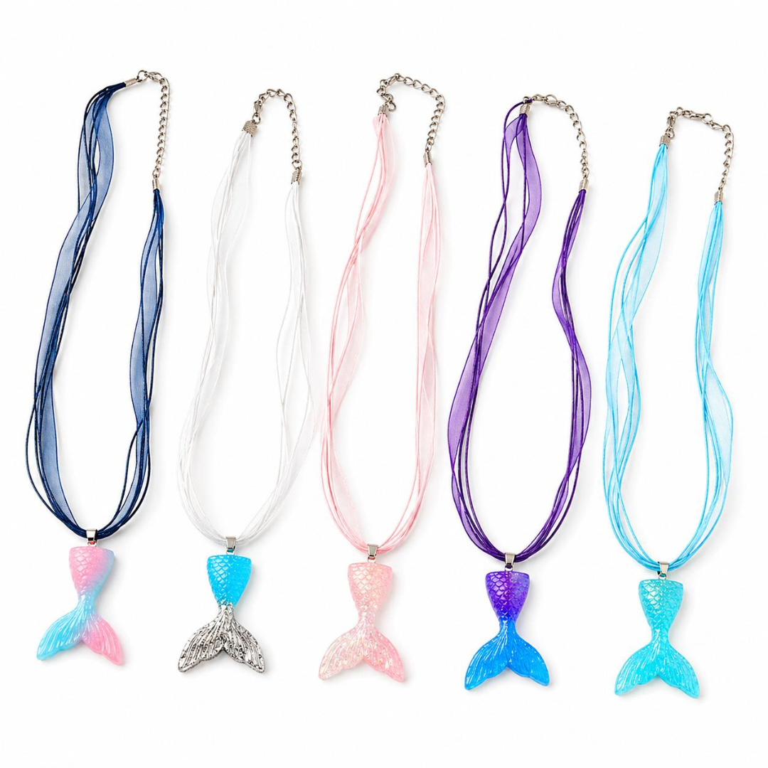Five colorful mermaid tail necklaces on a white background