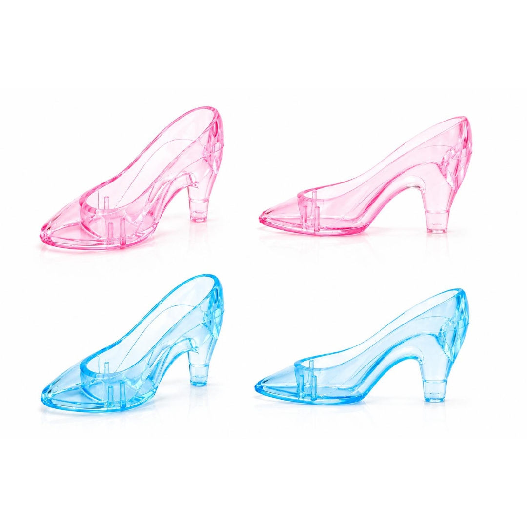 Two pink and two blue glass slipper toys on a white background