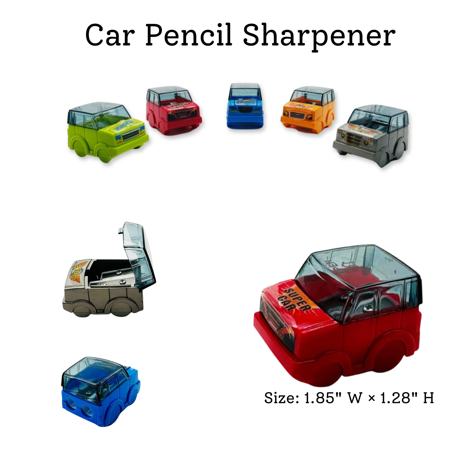 Car Pencil Sharpener toy set shown on a white background, featuring multiple vehicle-shaped sharpeners in different colors, one open view, and size text reading 1.85" W x 1.