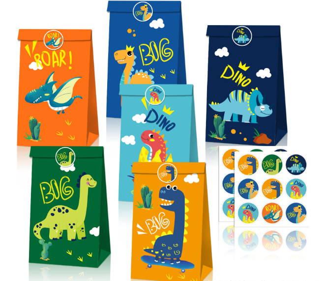 SET of 12 Dinosaur Bag with stickers