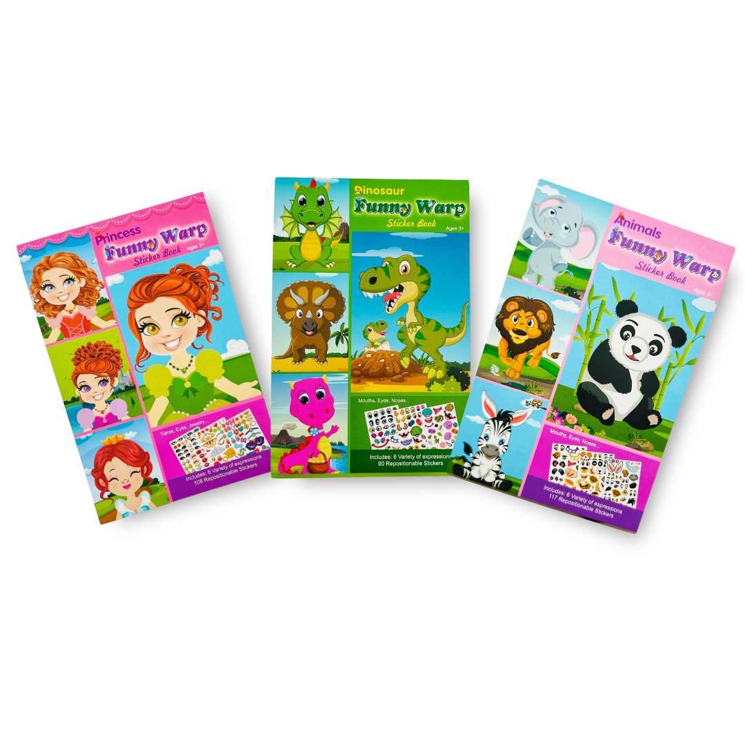 Three colorful children's activity books titled 'Funny Warp' arranged on a plain white background. The covers feature cartoon characters and animals including a red-haired girl, dinosaurs, and an elephant, with sticker sheets shown on the front of the books.