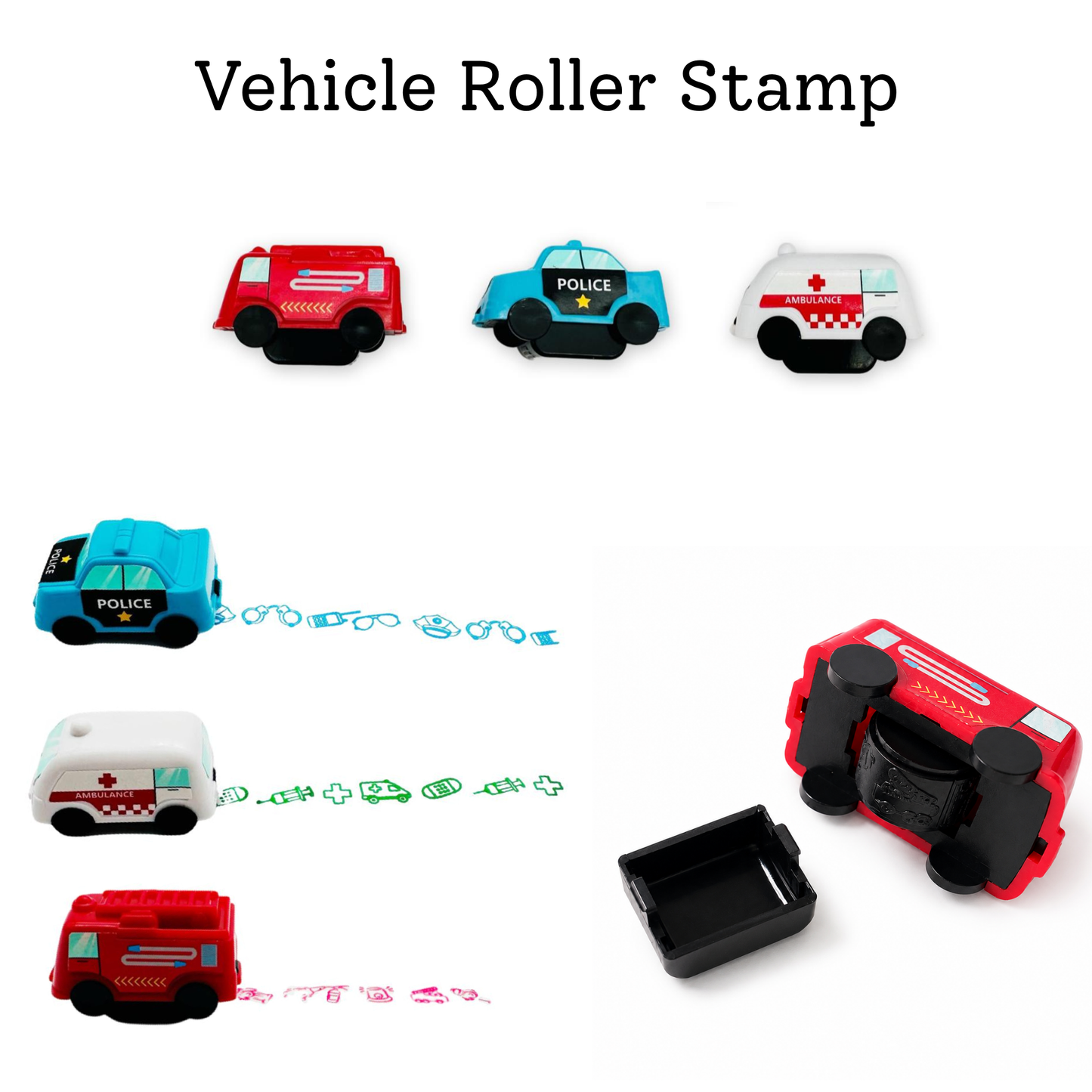 A set of vehicle-themed roller stamps featuring toy fire trucks, police cars, and ambulances, shown alongside their black stamp bases and sample stamped marks on a white background.