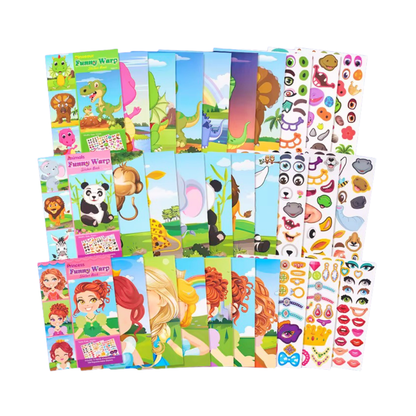 A set of children's sticker books and sheets featuring colorful cartoon animals, characters, and faces on a plain white background.