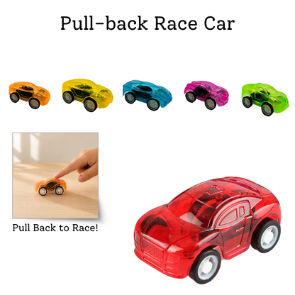 Pull-back race car toy shown on a white background with five color options across the top, a demonstration inset showing a hand pulling back an orange car, and a large red translucent race car in the lower right. Text reads 'Pull-back Race Car' and 'Pull Back to Race!'.