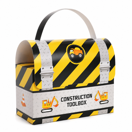A construction-themed toolbox party box with a black and yellow striped pattern, silver faux-metal straps, a carrying handle, and printed construction vehicle graphics on a white background.