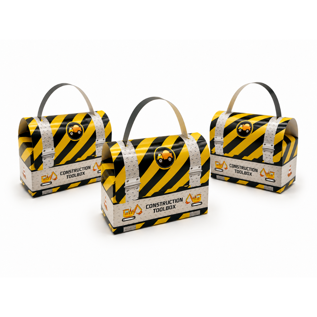 3 construction themed party favor boxes on a white background