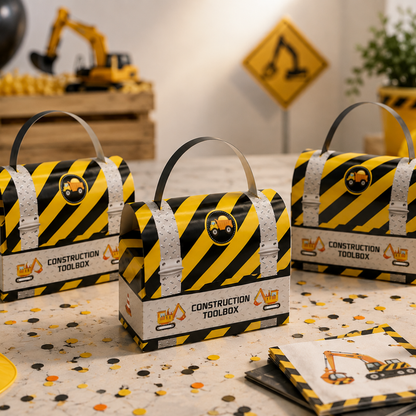 a party set up lifestyle photo with 3 party favor boxes