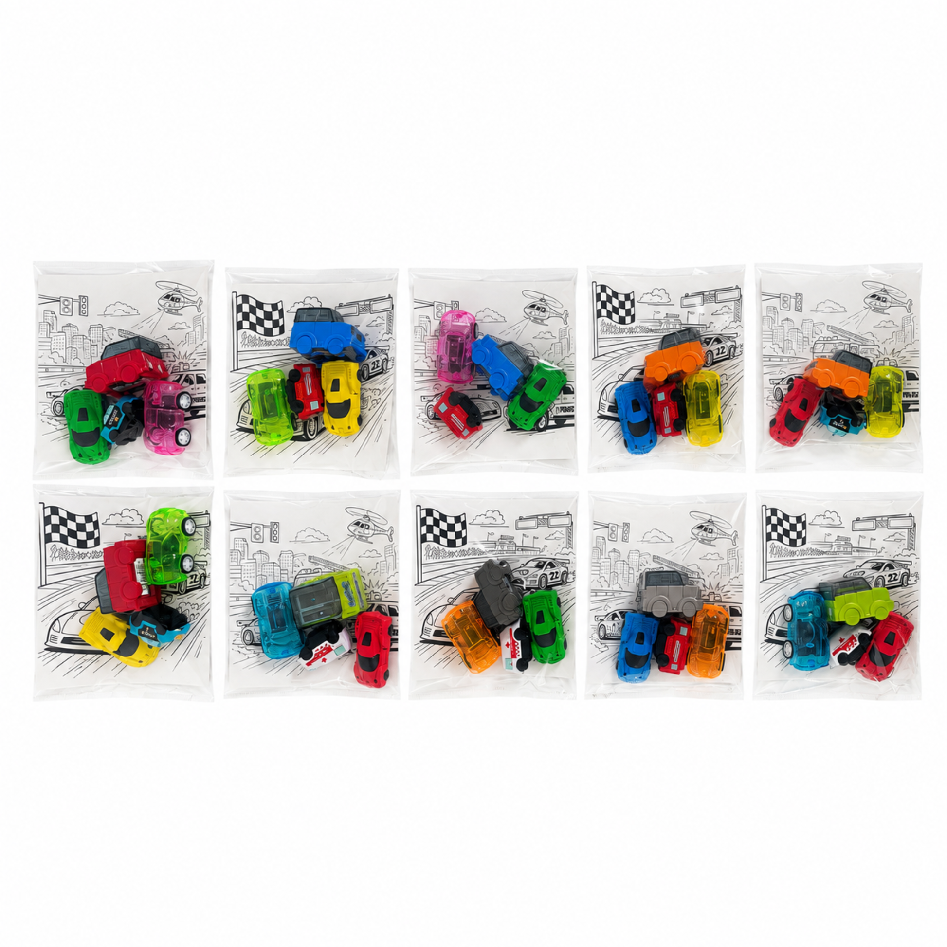 ten small clear plastic bags containing colorful toy cars, arranged in two rows of five on a plain white background.