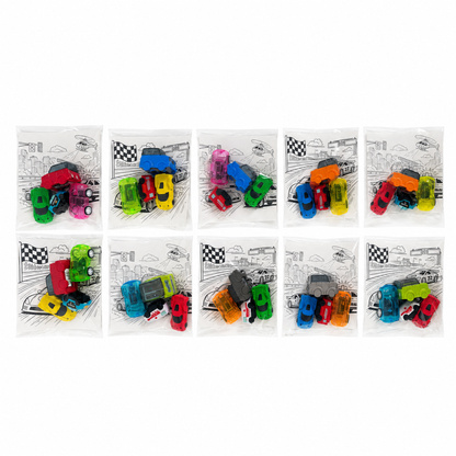 ten small clear plastic bags containing colorful toy cars, arranged in two rows of five on a plain white background.