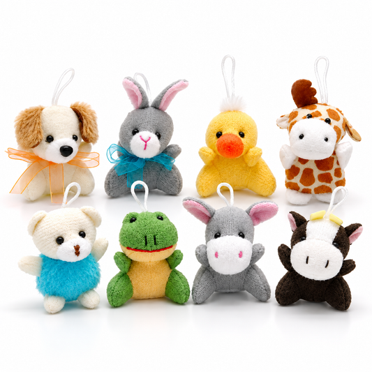 SET of 8 Mini Plush Animal Keychains – Assorted Party Favors, Backpack Charms & Goodie Bag Fillers
