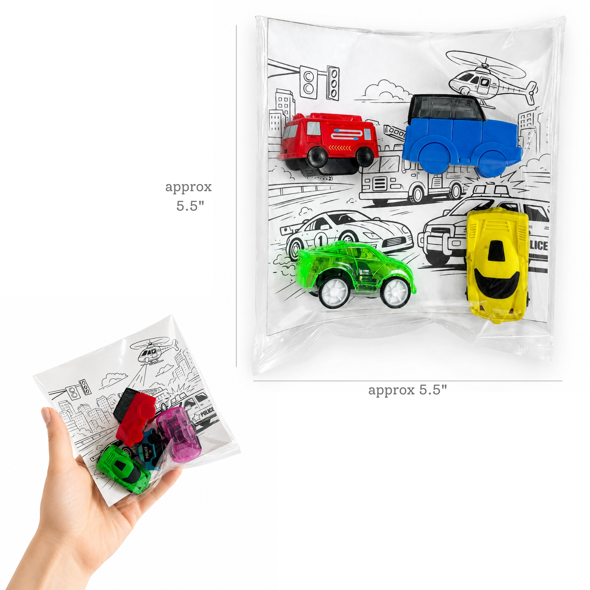 A hand holds a small clear plastic bag containing four colorful toy cars, with a larger view of the same bag on a white background showing the printed design. The bag is labeled approximately 5.