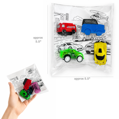 A hand holds a small clear plastic bag containing four colorful toy cars, with a larger view of the same bag on a white background showing the printed design. The bag is labeled approximately 5.