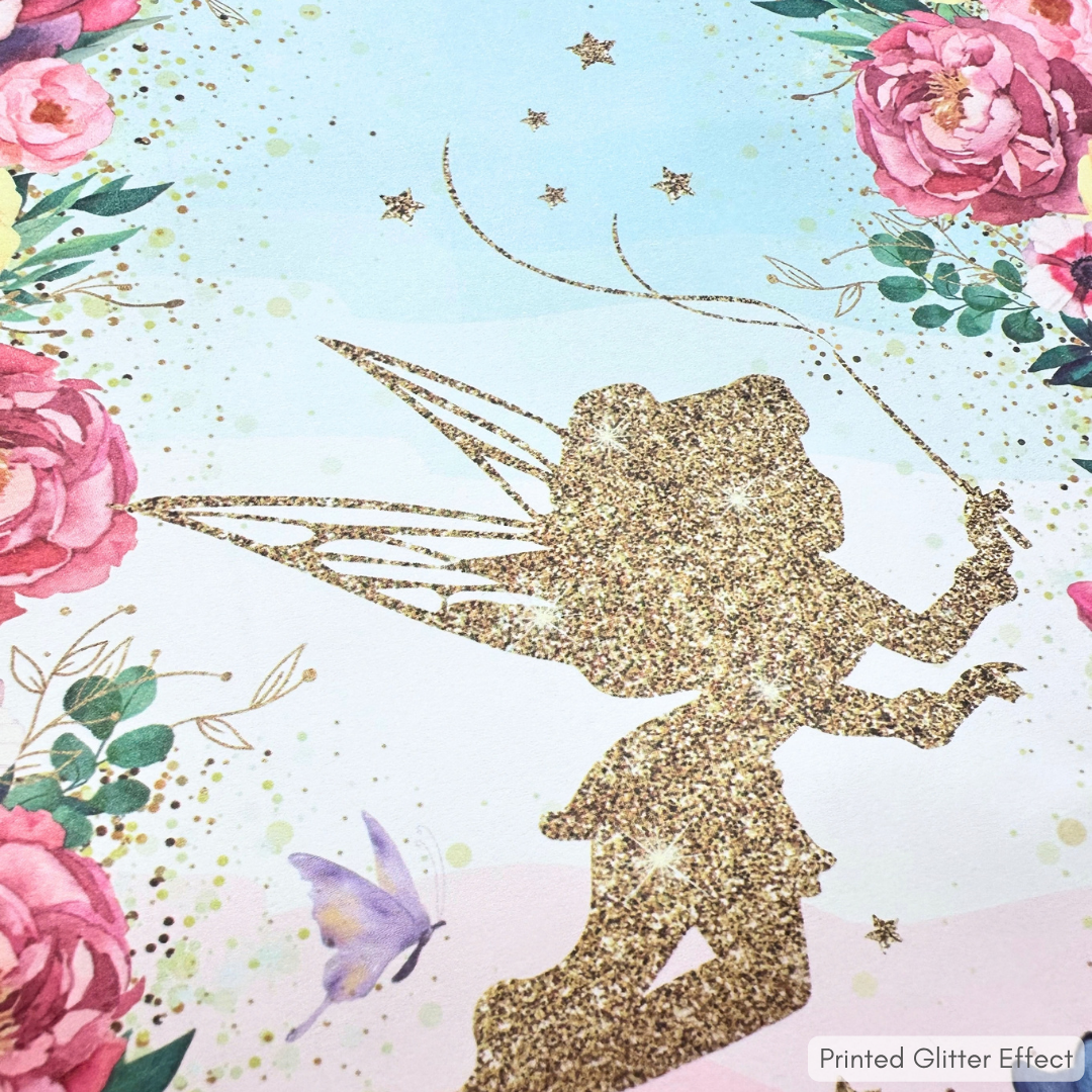 a fairy in golden printed glitter surrounded by flowers and a text saying Printed Glitter Effect