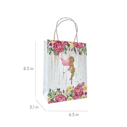 A white gift bag with a floral print, a gold fairy silhouette, and gold glitter drips, shown with dimension lines indicating 8.3 in height, 6.