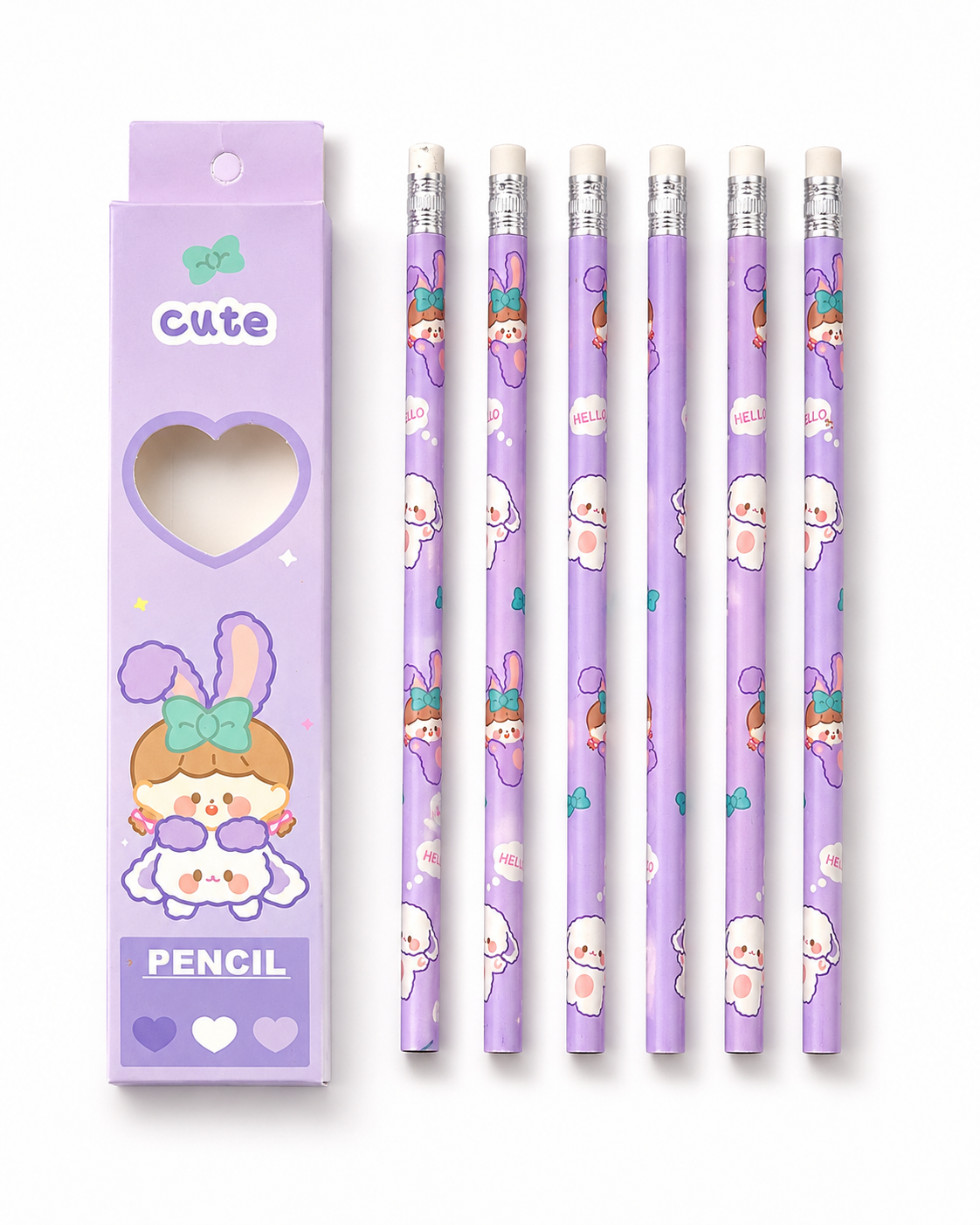 6 purple pencils and a little box