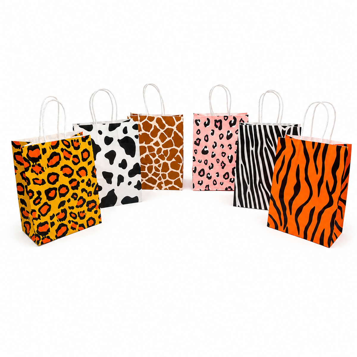 Six paper gift bags with white handles, each featuring a different animal print pattern including leopard, cow, giraffe, pink leopard, zebra, and tiger, arranged on a white background.